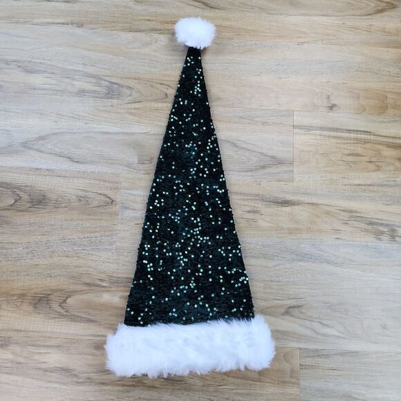 🩵NWOT Dark Green Sequin Long Unisex Santa Hat - Picture 4 of 8